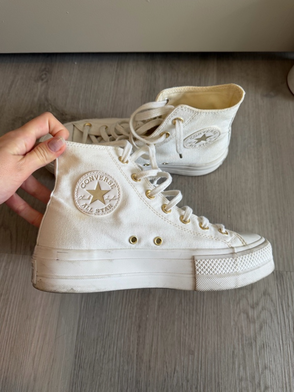 Women’s Converse High Top Platform Sneakers - Off-White with Gold Eyelets